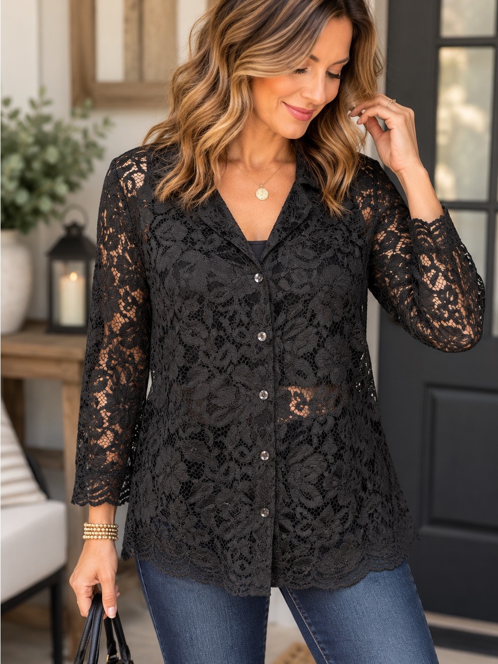 Black Lace Button-Front Women's Top